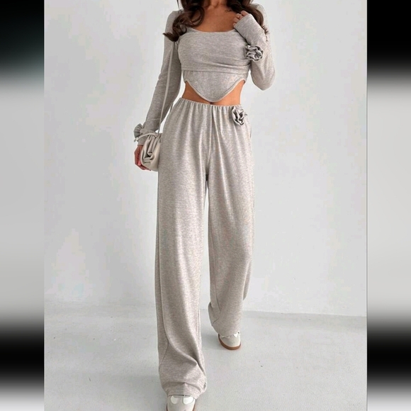 Elegant Solid Color 3D Floral Decor Square Collar Top And Straight Leg Pants - Picture 1 of 5